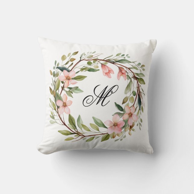 Monogram Pretty Twig and Wildflower Wreath Throw Pillow (Front)