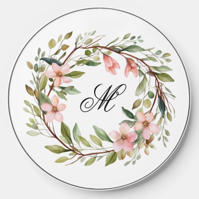 Monogram Pretty Twig and Wildflower Wreath Wireless Charger (Front)