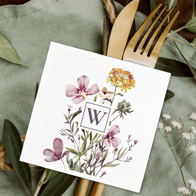 Monogram Pretty Wildflower Floral Bouquet Napkins (In situ)