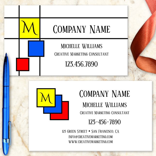 Monogram Primary Colors Marketing Business Card (Business card featuring a Mondrian inspired design in primary colors)