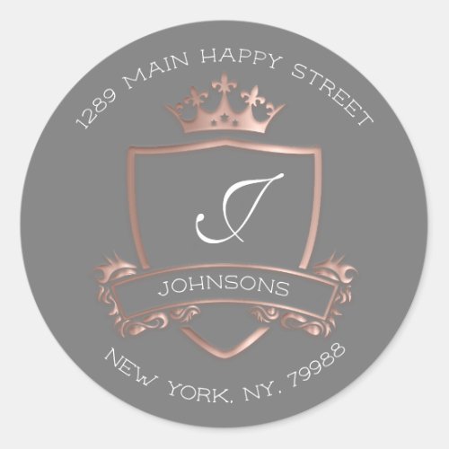 Monogram Princess Crown Royal RSVP Rose Gray Classic Round Sticker