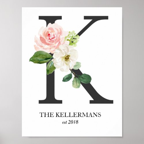 Monogram Print Floral Letter K Wedding Nursery Poster