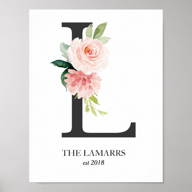 Monogram Print, Floral Letter L, Wedding , Nursery Poster (Front)
