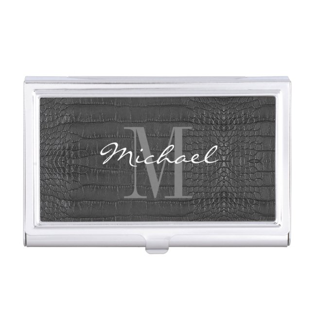 Monogram Printed Faux Black Crocodile Texture Business Card Case (Front)
