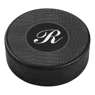 Monogram Printed Faux Black Crocodile Texture Hockey Puck