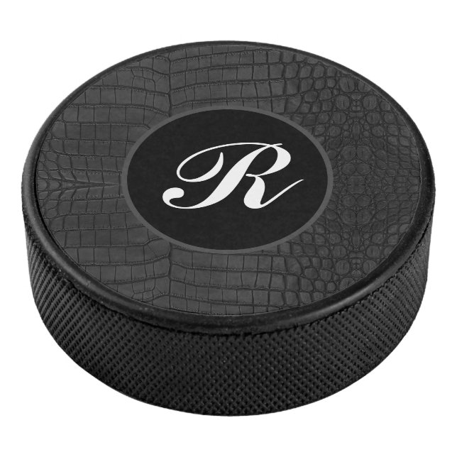 Monogram Printed Faux Black Crocodile Texture Hockey Puck (3/4)