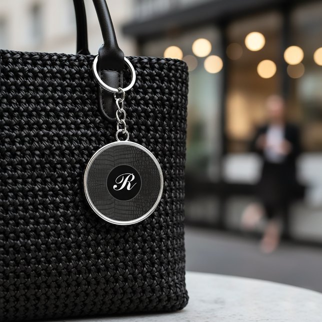 Monogram Printed Faux Black Crocodile Texture Keychain (Black Crocodile Leather Print Monogram Keychain
)