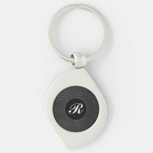 Monogram Printed Faux Black Crocodile Texture Keychain