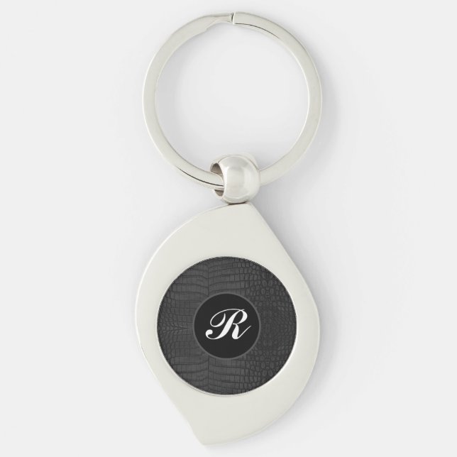 Monogram Printed Faux Black Crocodile Texture Keychain (Front)