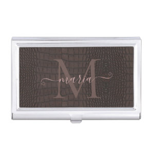 Monogram Printed Faux Brown Alligator Texture Business Card Case