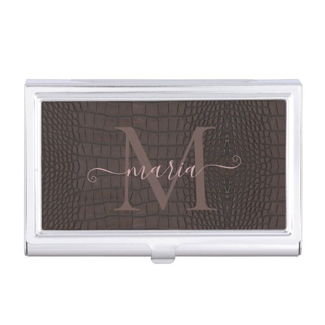 Monogram Printed Faux Brown Alligator Texture Business Card Case (Front)