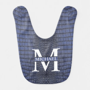 Monogram Printed Faux Cobalt Alligator Texture Baby Bib
