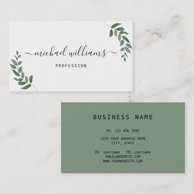 Monogram Profession & Watercolor foliage greenery Business Card (Front/Back)