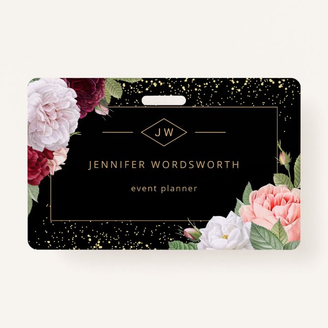 Monogram Professional Elegant Floral Rose Black Badge (Front)