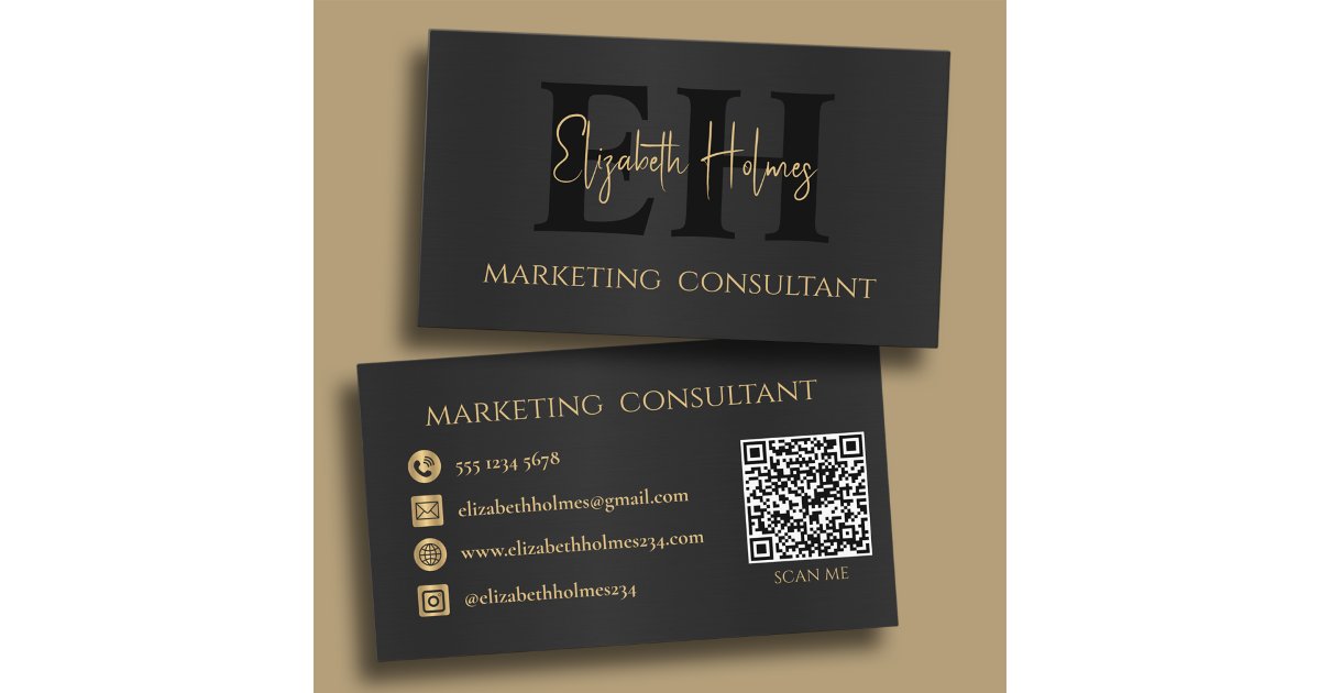 Monogram Professional Elegant Modern Black Gold QR Business Card | Zazzle