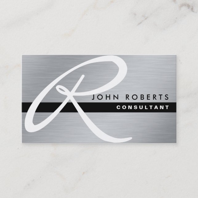 Monogram Professional Elegant Modern Silver Metal Business Card (Front)