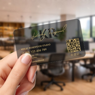 Monogram Professional Initial Black Transparent QR Clear Business Cards