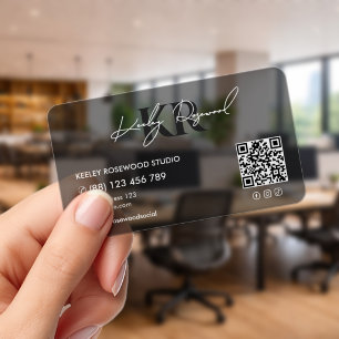 Monogram Professional Initial Black Transparent QR Clear Business Cards
