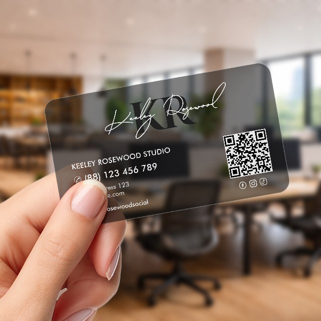 Monogram Professional Initial Black Transparent QR Clear Business Cards (Handheld (Office))