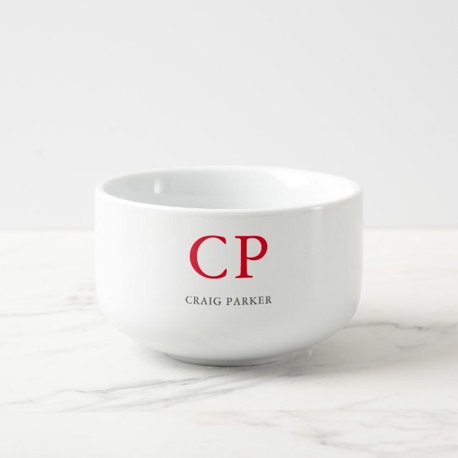 Monogram Professional Plain Red White Initials Soup Mug (Front)