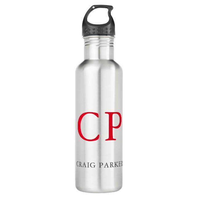 Monogram Professional Plain Red White Initials Stainless Steel Water Bottle (Front)