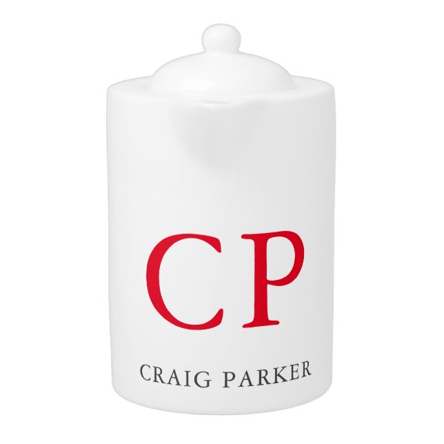 Monogram Professional Plain Red White Initials Teapot (Front)