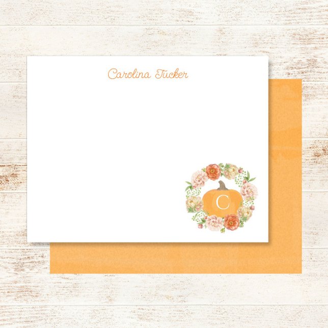 Monogram Pumpkin Fall Floral Wreath Stationery Note Card (Creator Uploaded)