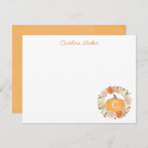 Monogram Pumpkin Fall Floral Wreath Stationery Note Card