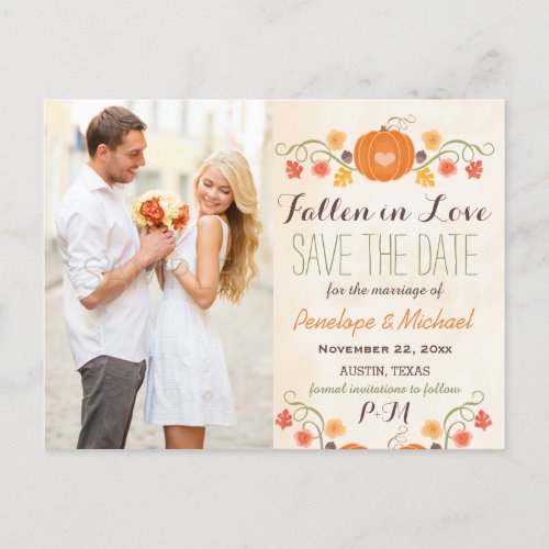 Monogram Pumpkin Fall Wedding Save the Date Announcement Postcard