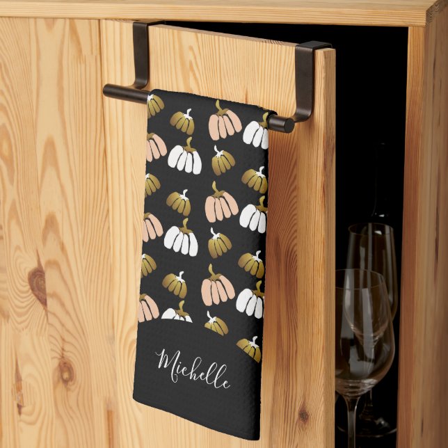 Monogram Pumpkin In Black, Blush, White, Gold Kitchen Towel (Thirds Fold)