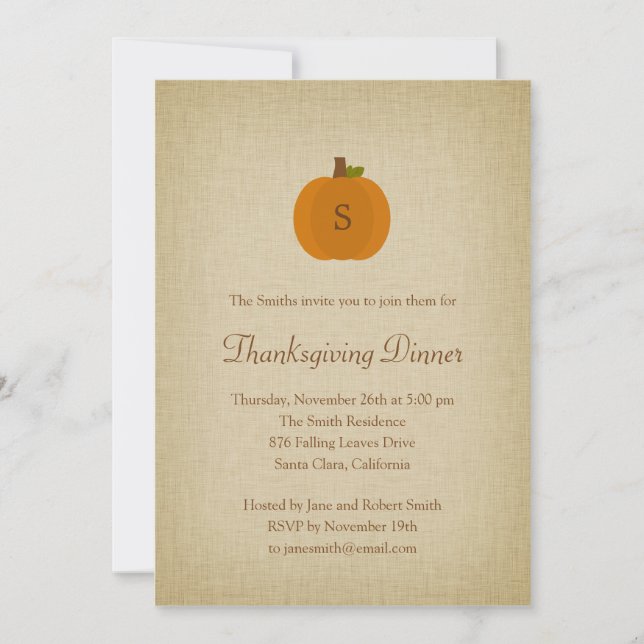 Monogram Pumpkin Thanksgiving Dinner Invitation (Front)