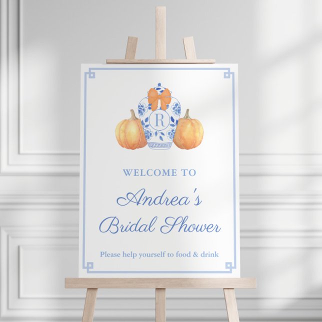 Monogram Pumpkins Bridal Shower Welcome Sign (Preppy monogram bridal shower welcome sign featuring blue and white ginger jar with orange pumpkins)