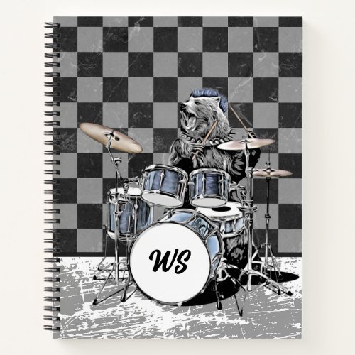 Monogram Punk Rock Drummer Bear Drum Kit Musician Notebook