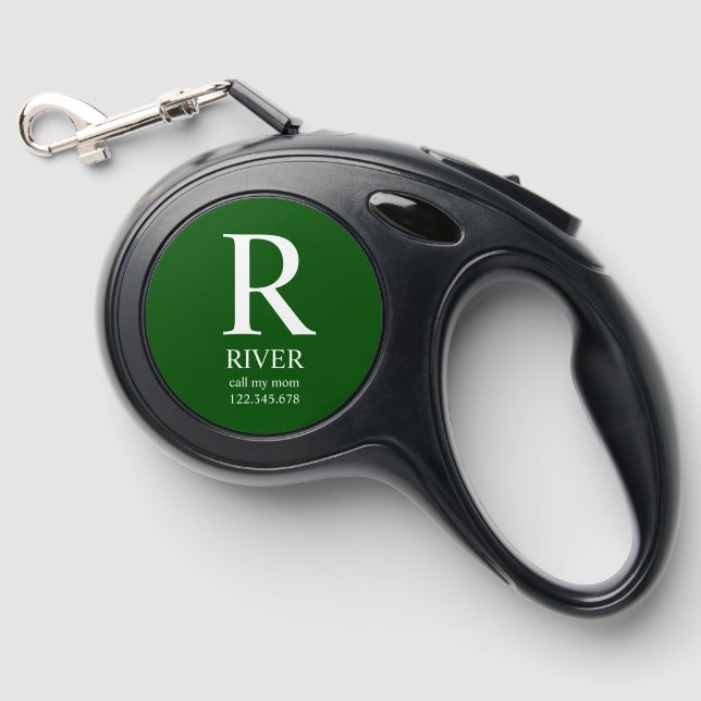 MONOGRAM PUPPY NAME CONTACT DETAILS GREEN RETRACTABLE PET LEASH  (Front)