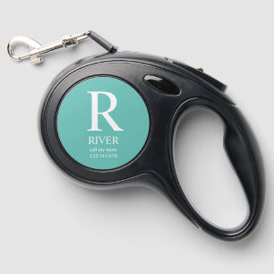 MONOGRAM PUPPY NAME CONTACT DETAILS TEAL RETRACTABLE PET LEASH