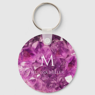 Monogram Purple Amethyst Crystal Custom Name Gem  Keychain