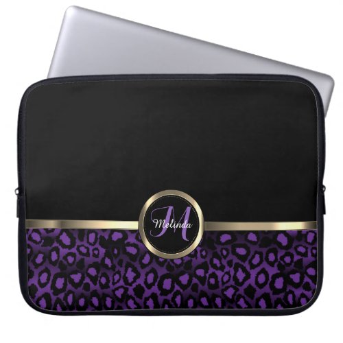 Monogram Purple and Black Leopard with Gold Accent Laptop Sleeve