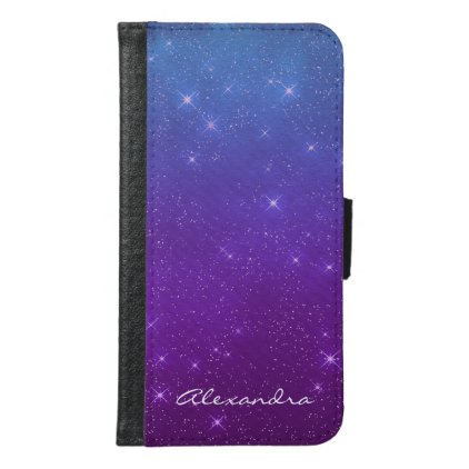 Monogram Purple and Blue Ombre Sparkle Stars Sky Samsung Galaxy S6 Wallet Case