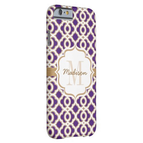 Monogram Purple and Gold Quatrefoil Barely There iPhone 6 Case