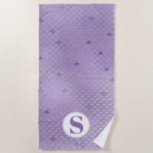 Monogram Purple and Green Mermaid Scales Beach Towel