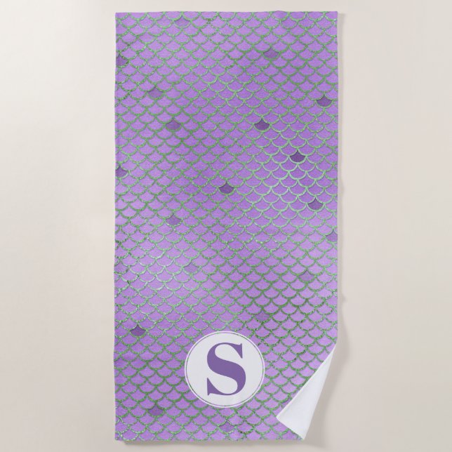 Monogram Purple and Green Mermaid Scales Beach Towel (Front)