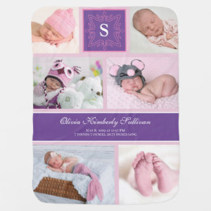 Monogram Purple and Pink Baby Girl Photo Collage Blanket