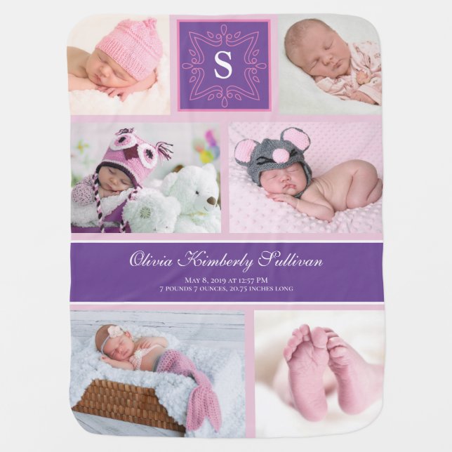 Monogram Purple and Pink Baby Girl Photo Collage Blanket (Front)