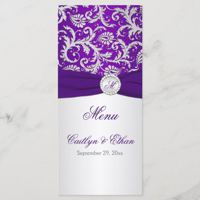 Monogram Purple and Silver Damask Menu Card (Front)