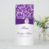 Monogram Purple and Silver Damask Menu Card (Standing Front)