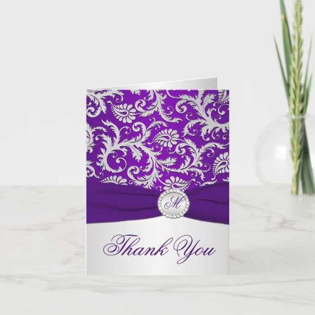 Monogram Purple and Silver Damask Thank You Card (Front)
