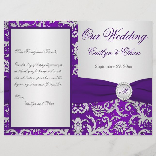 Monogram Purple and Silver Damask Wedding Program (Front)