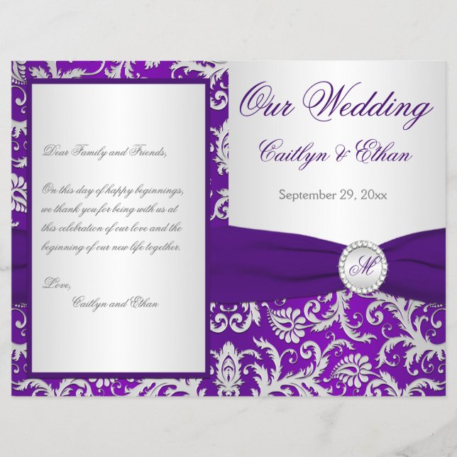 Monogram Purple and Silver Damask Wedding Program (Front)