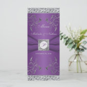 Monogram Purple and Silver Floral Menu Card (Standing Front)