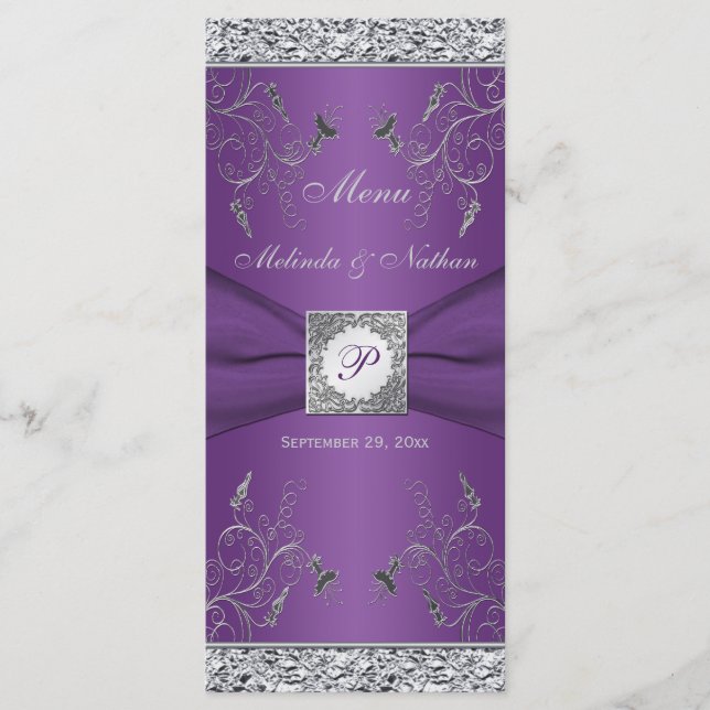 Monogram Purple and Silver Floral Menu Card (Front)